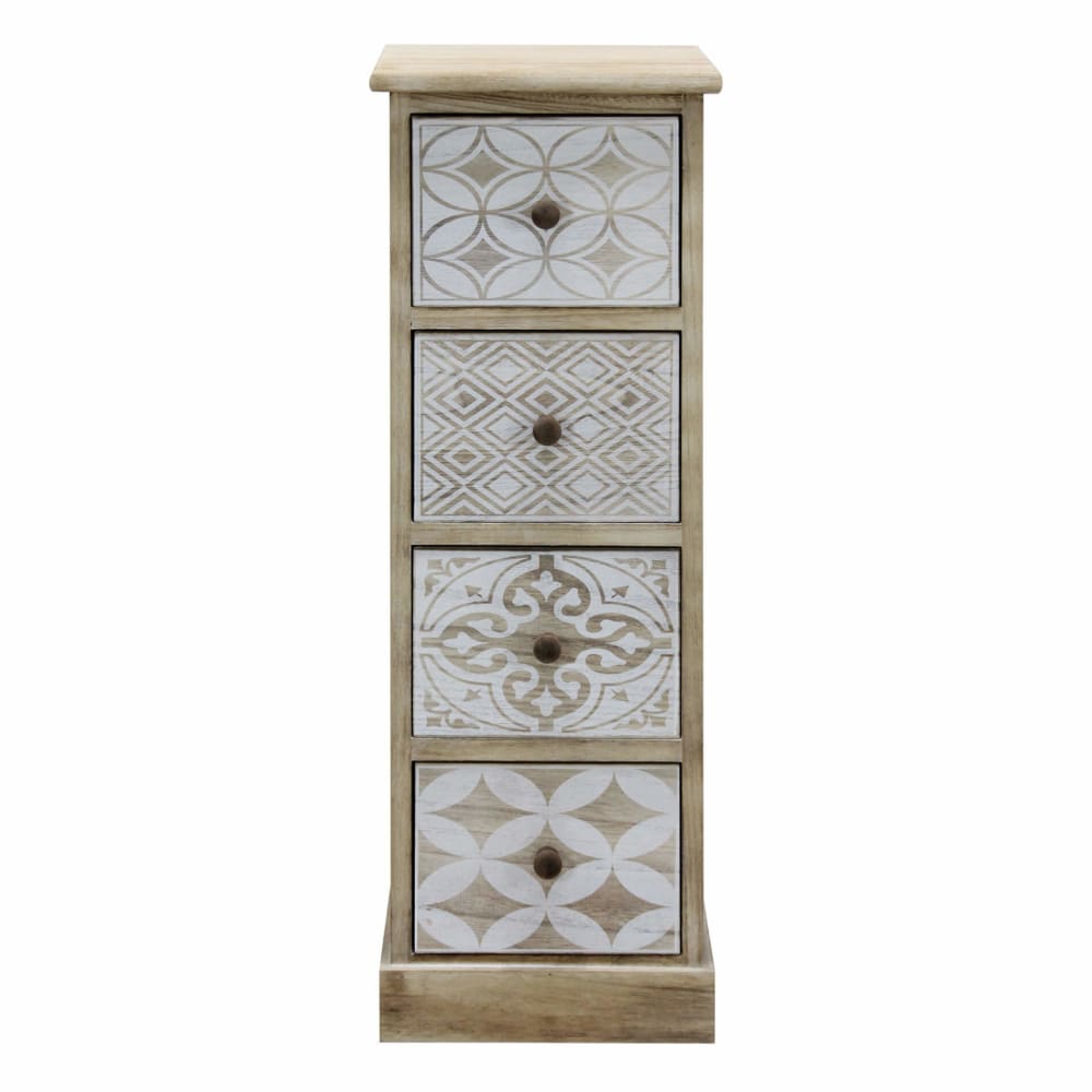 Cajonera con 4 cajones de madera decoración mayólica marrón y blanca