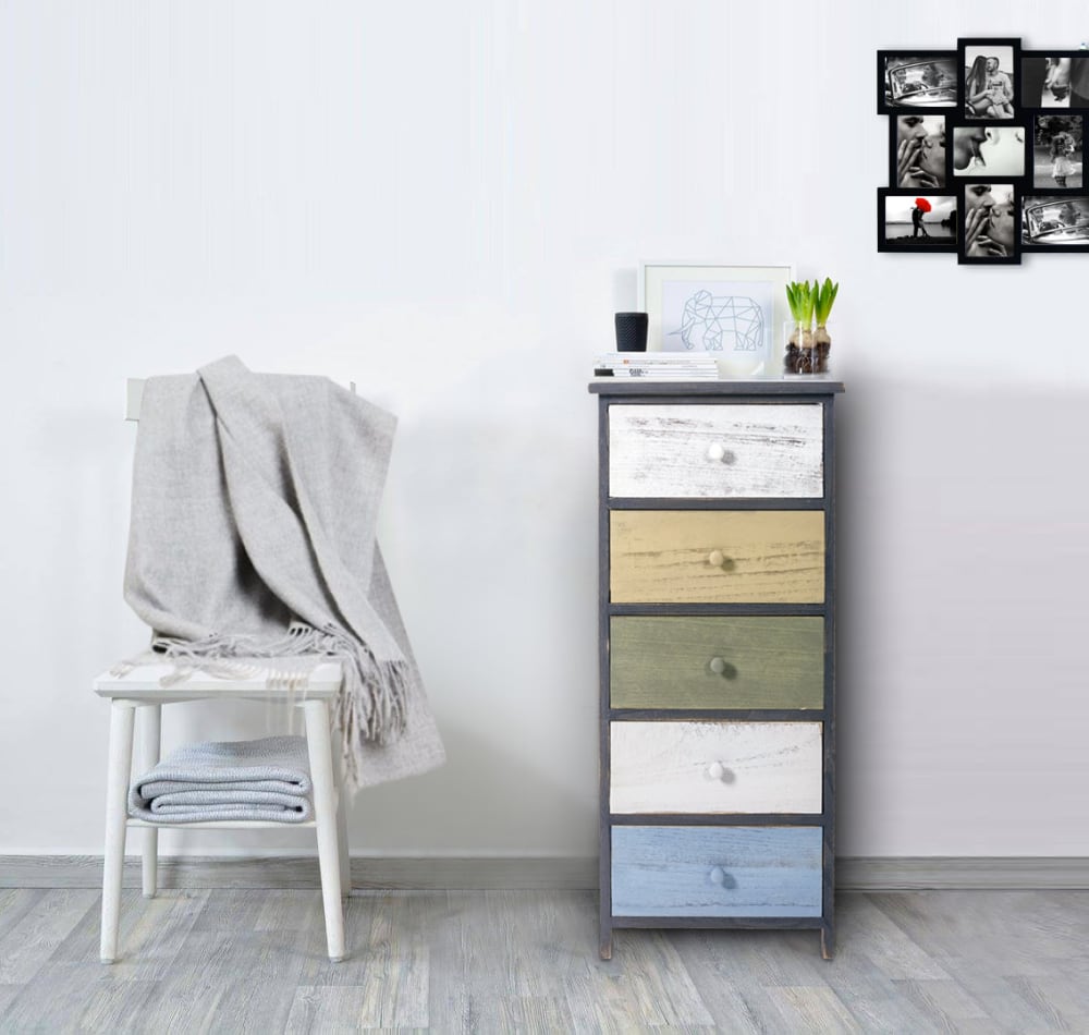 Cassettiera colorata con 5 cassetti in legno bianco e grigio -
