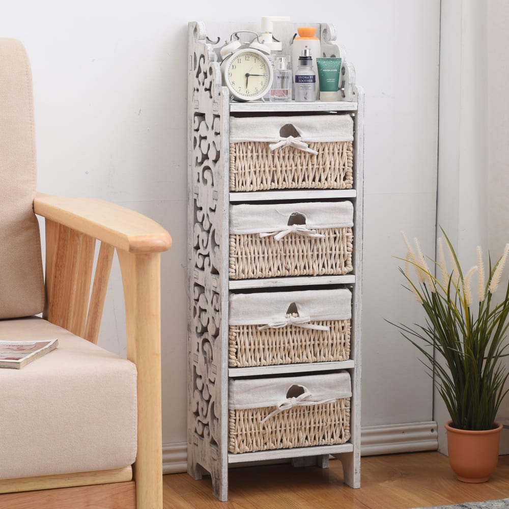 Chiffonnier sculpté bois osier blanc avec 4 tiroirs