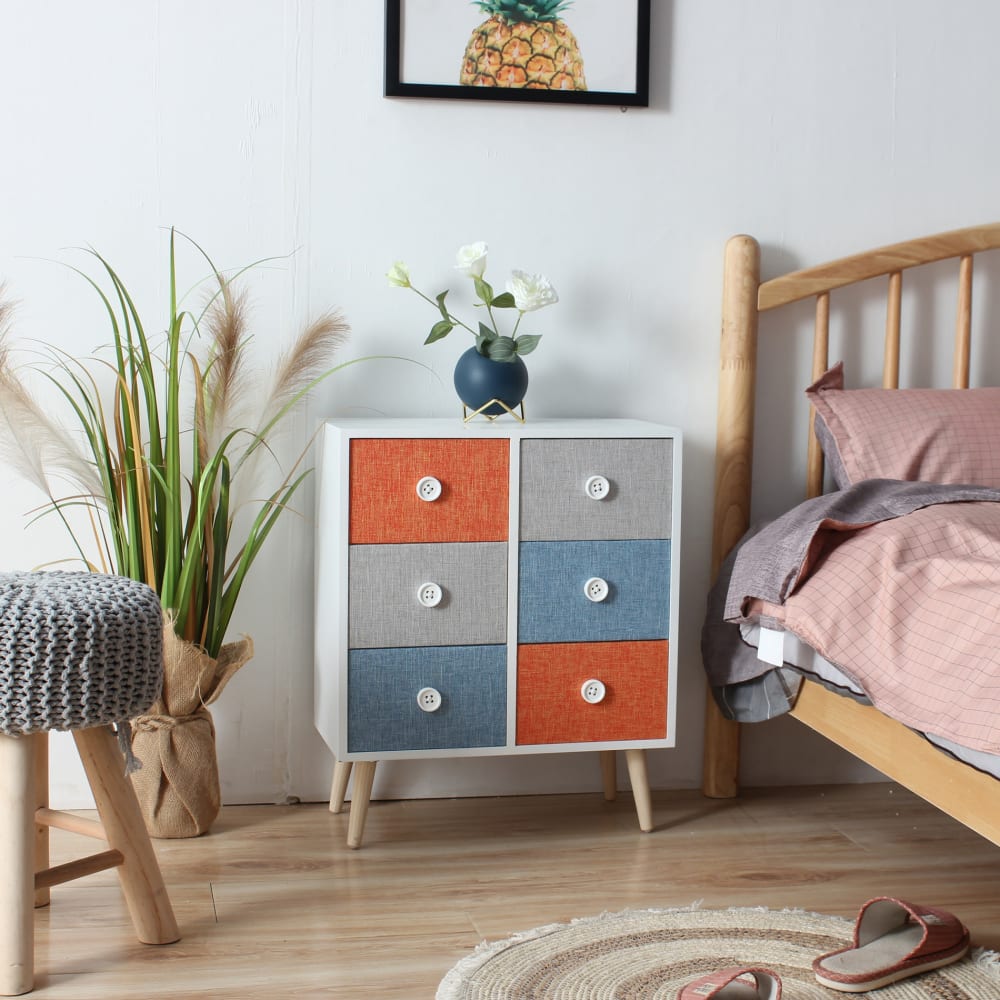 Cajonera con 6 cajones de madera y tela blanca y de color - Maisons du Monde