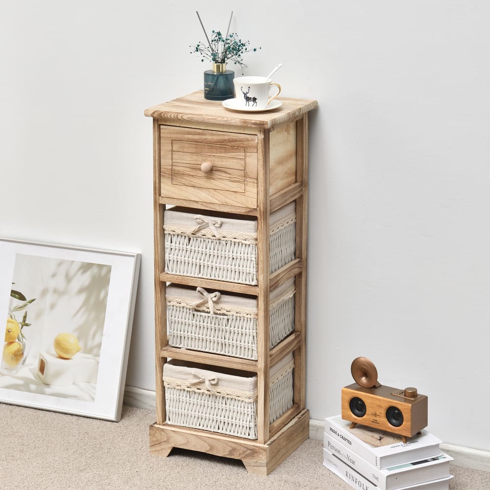 Cassettiera stretta con 4 cassetti in legno e vimini bianco e