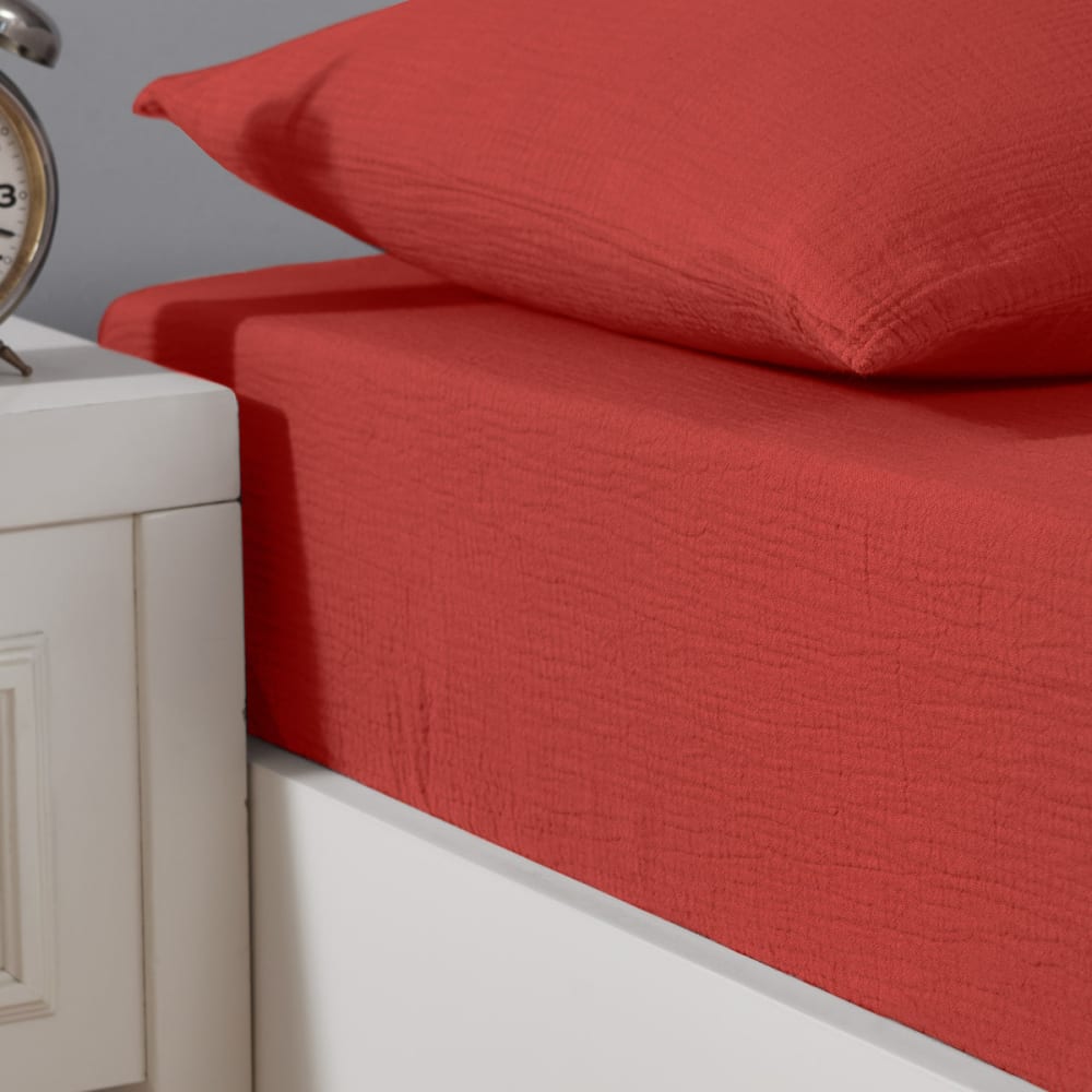 Drap-housse en gaze de coton bonnet 30 cm terracota 90x200 cm