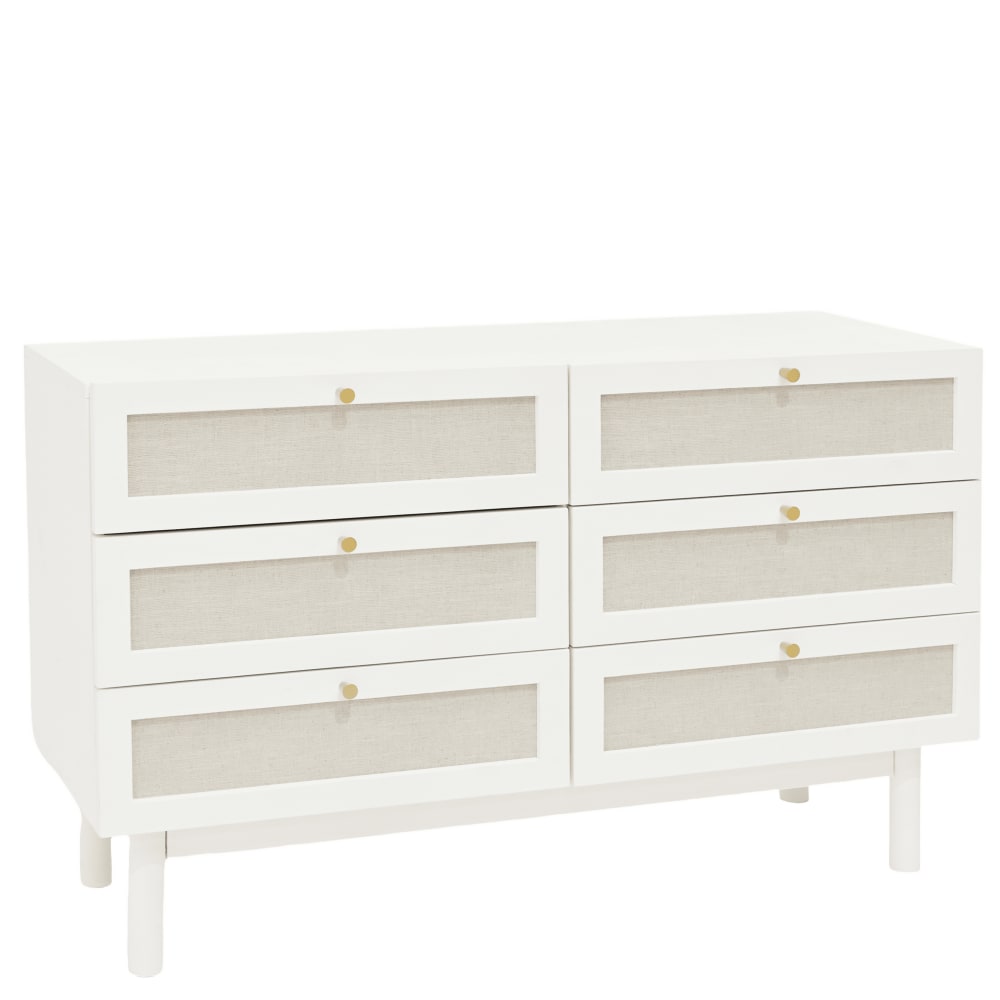 Commode en bois de sapin et lin à six tiroirs blanc 76x120cm