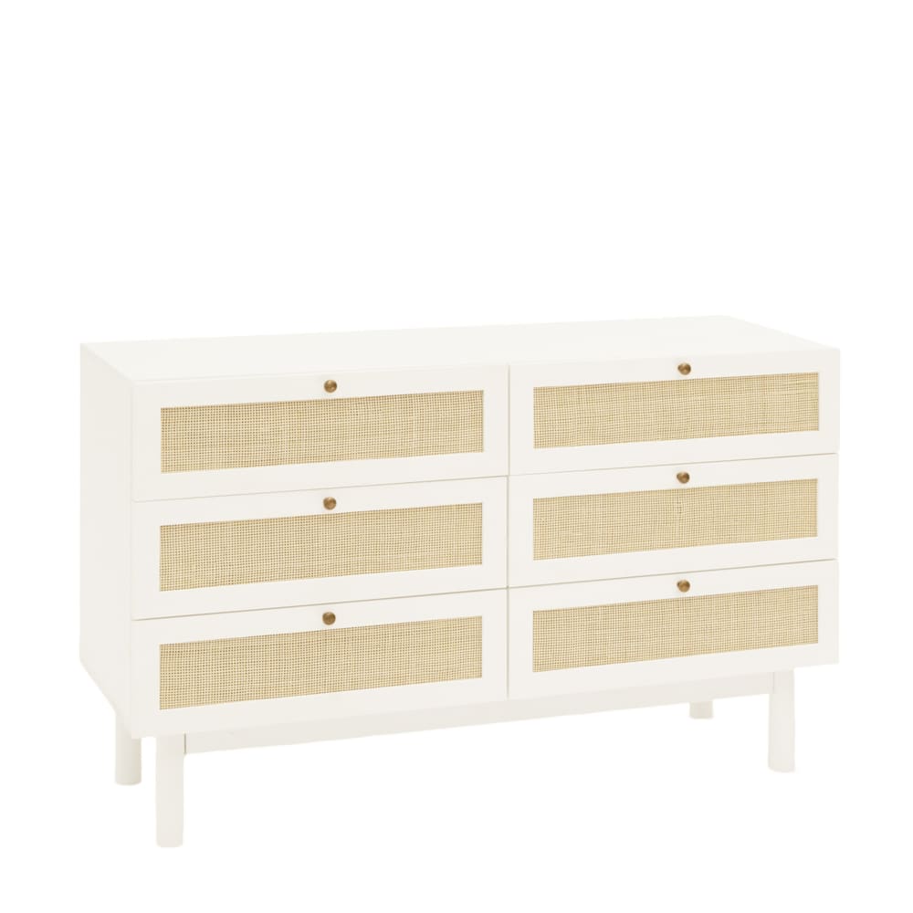 Commode en bois de sapin et raphia 6 tiroirs blanc 76x120cm