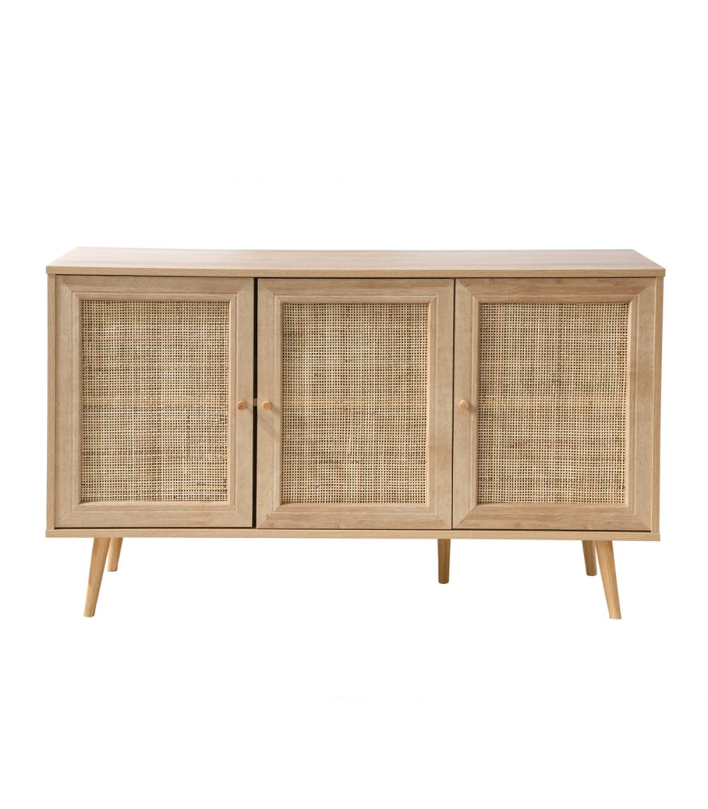 Buffet 3 portes avec cannage rotin et décor bois L120cm