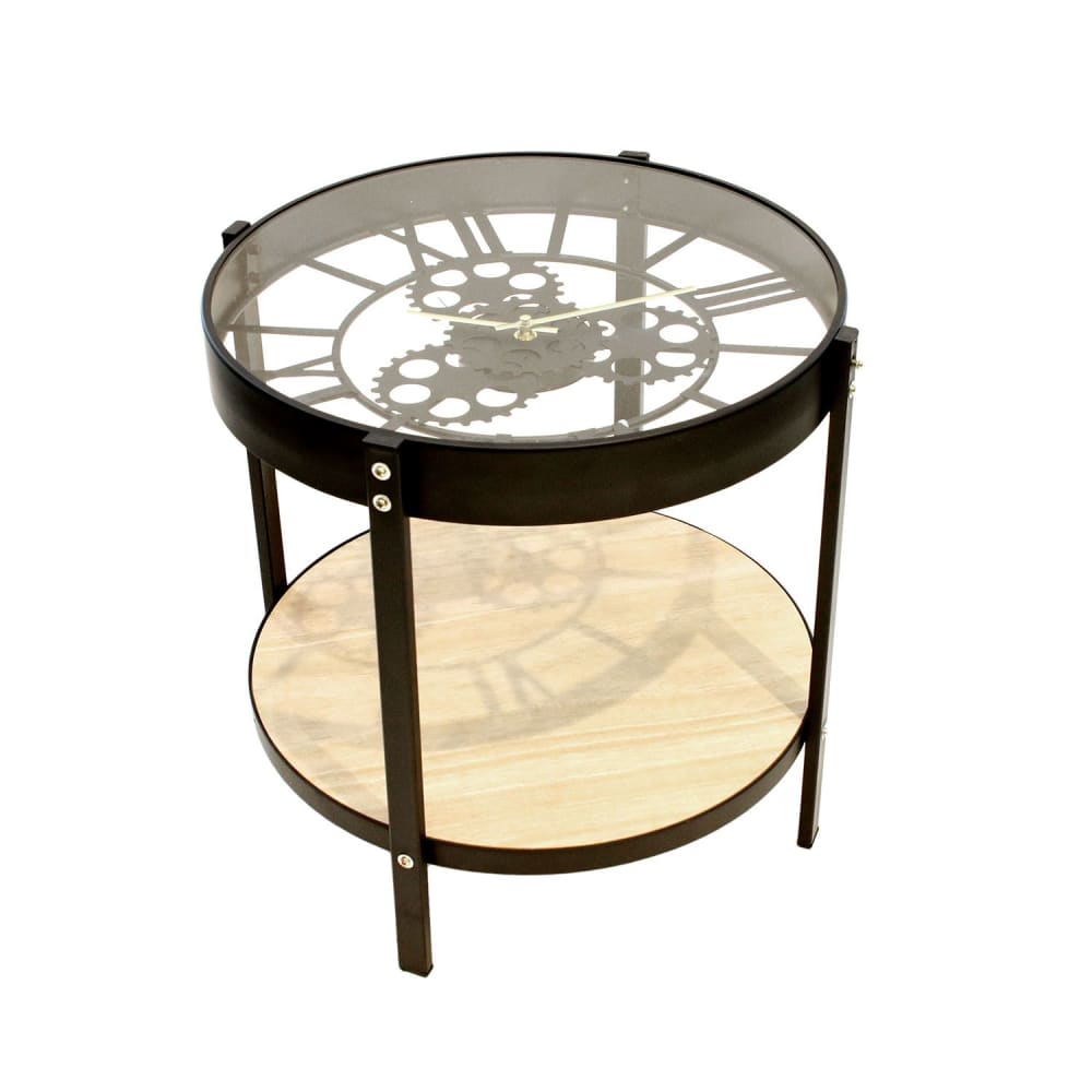 Toilinux Table d'appoint horloge noir style industriel Noir Verre - 41x39x41cm