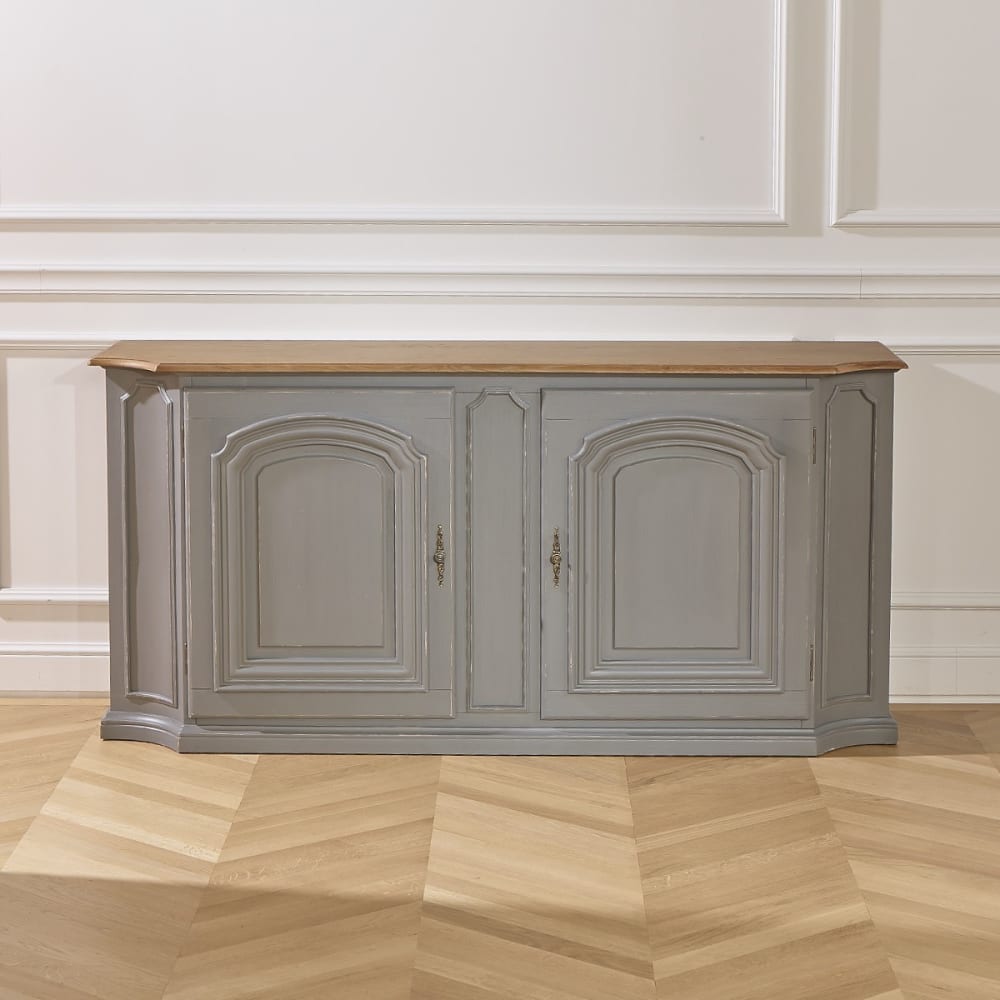 Buffet style shabby chic, plateau en chêne, 2 portes gris souris