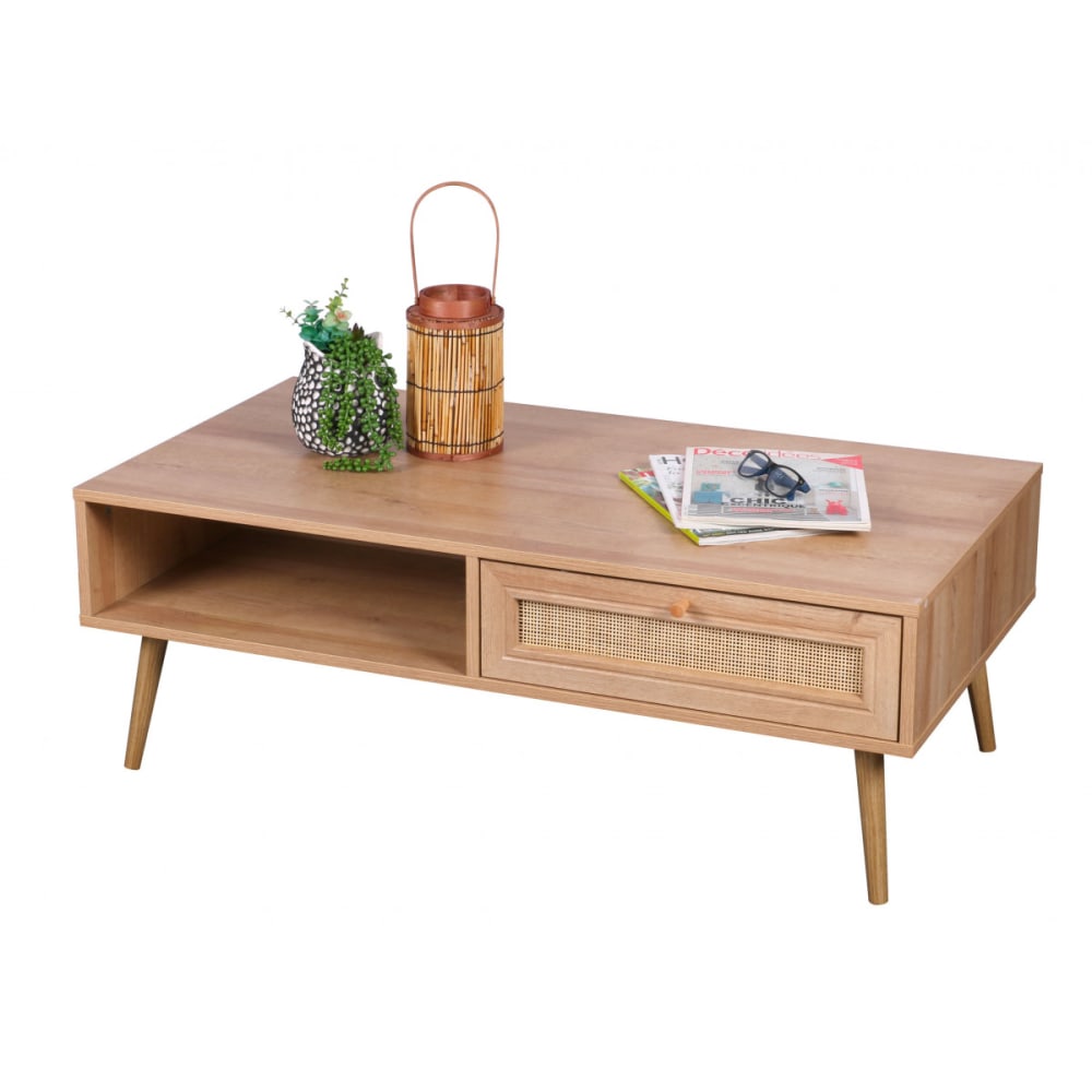 Table basse bois et rotin 1 tiroir - 110x59x39cm - Maisons du Monde