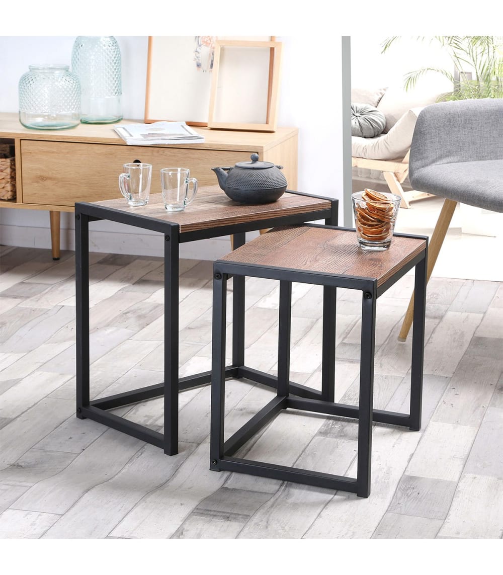 Set de 2 tables Gigognes décor chêne et métal noir - Maisons du Monde