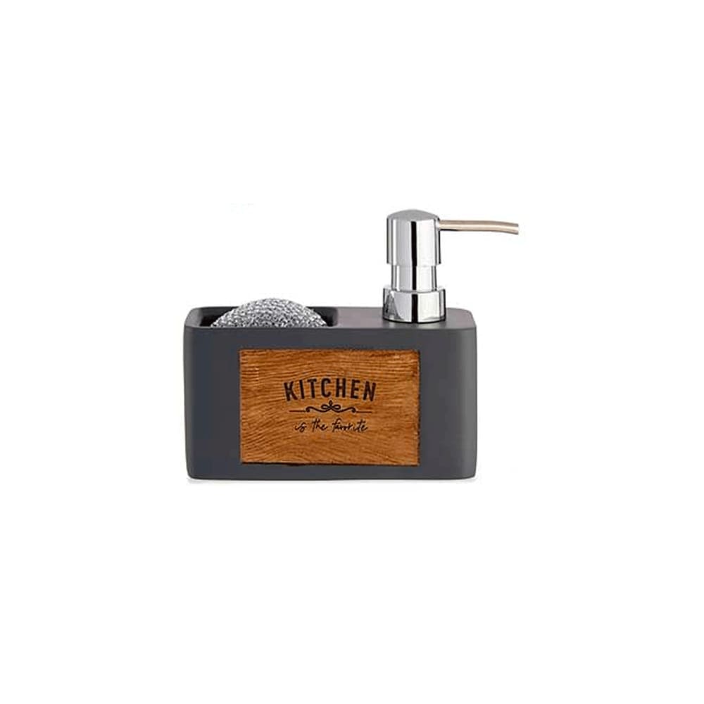 Distributeur liquide vaisselle + porte éponges gris et bois Distributeur liquide vaisselle + porte éponges gris et bois