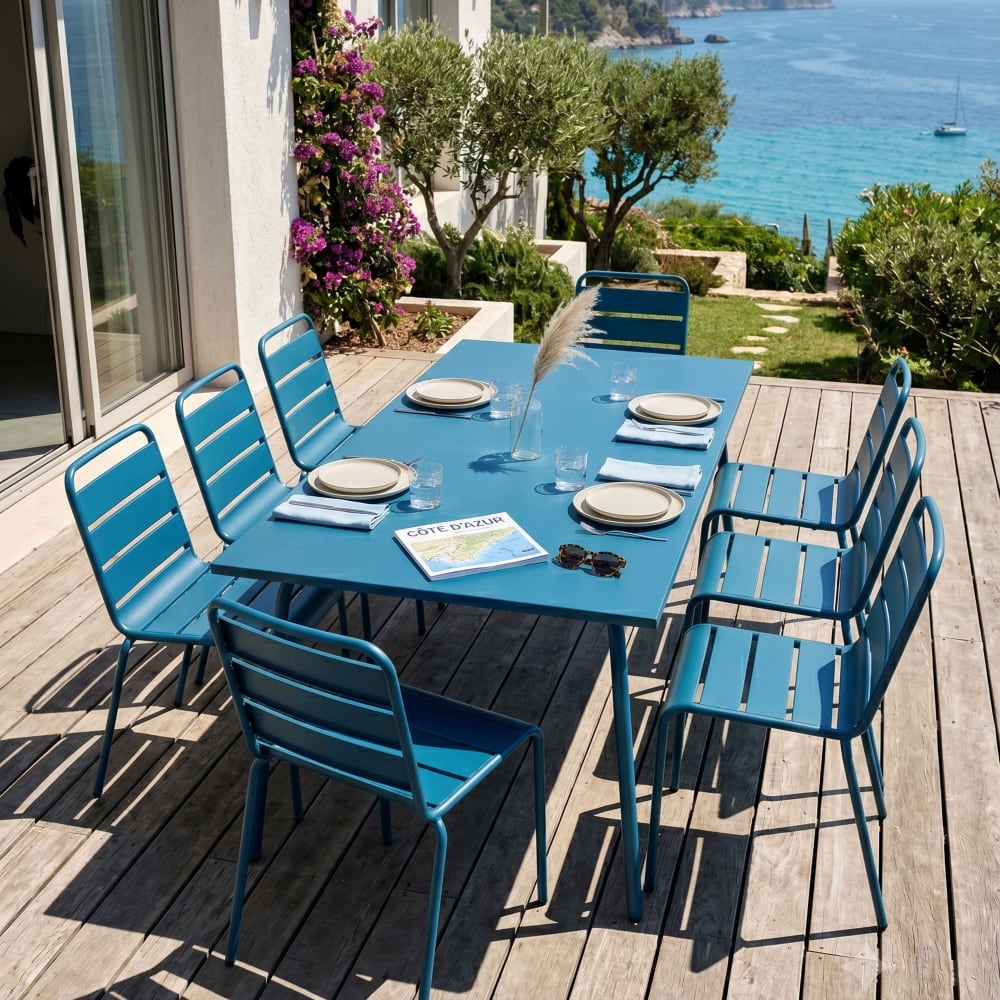 Conjunto mesa de jardín y 8 sillas de metal azul pacífico - Maisons du Monde