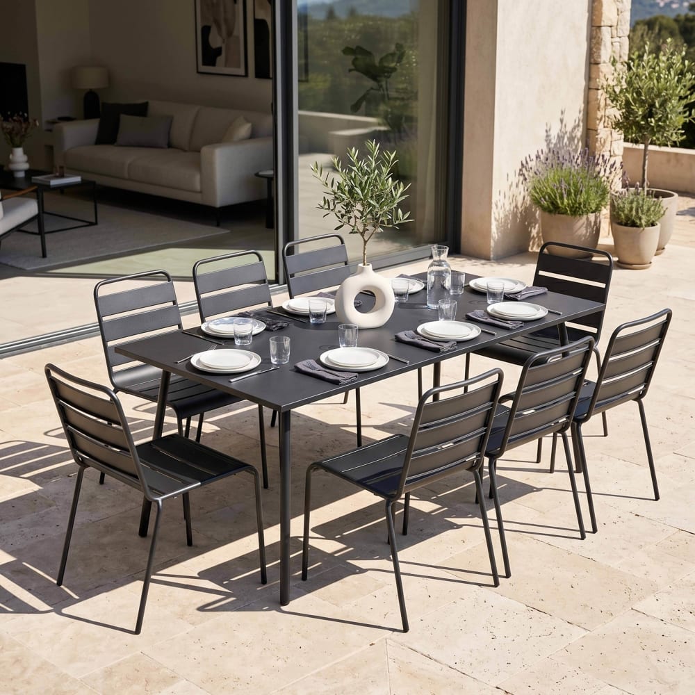 Conjunto mesa de jardín y 8 sillas de metal gris - Maisons du Monde