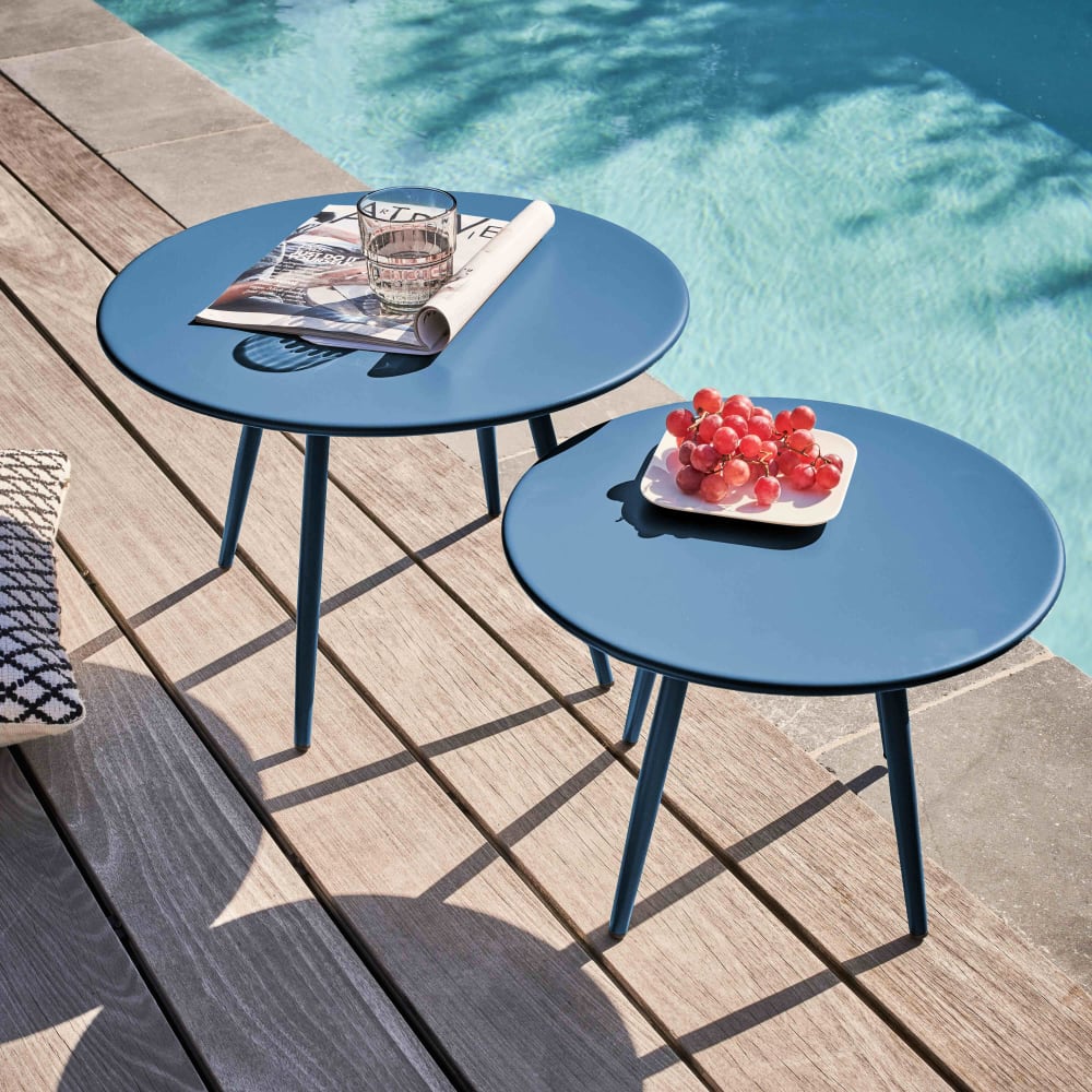 Lot de 2 tables basses de jardin en acier bleu pacific