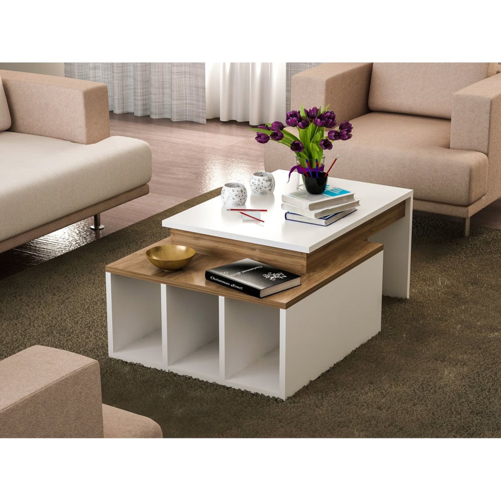 Table basse 2 niveaux avec 3 niches de rangement blanc - Maisons du Monde