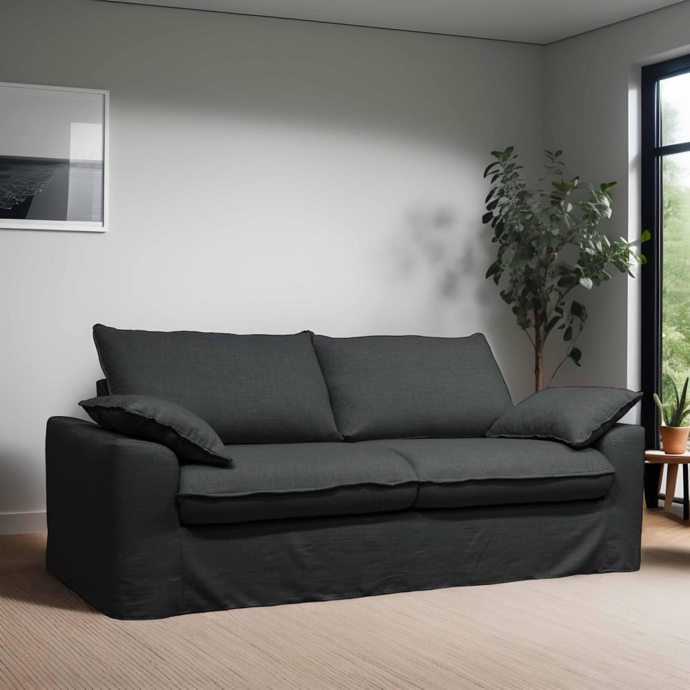Canapé en tissu lin métis 3 places gris anthracite L 205 cm
