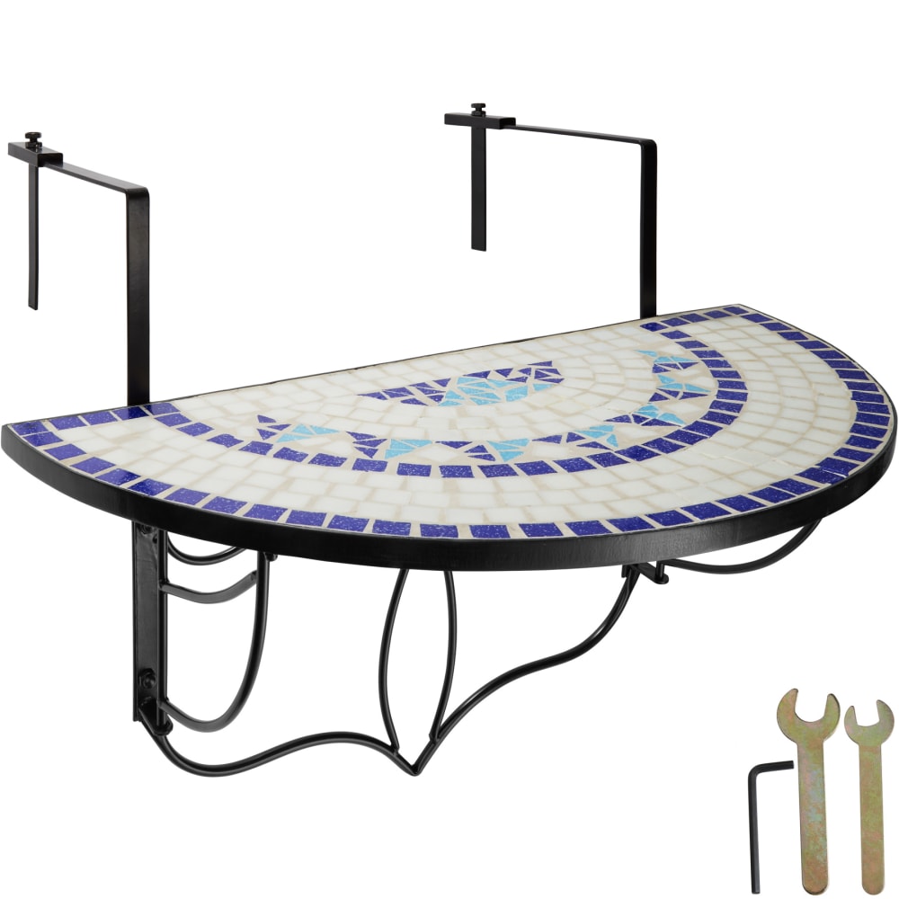 Tavolino da balcone a ribalta con mosaico bianco/blu - Tectake