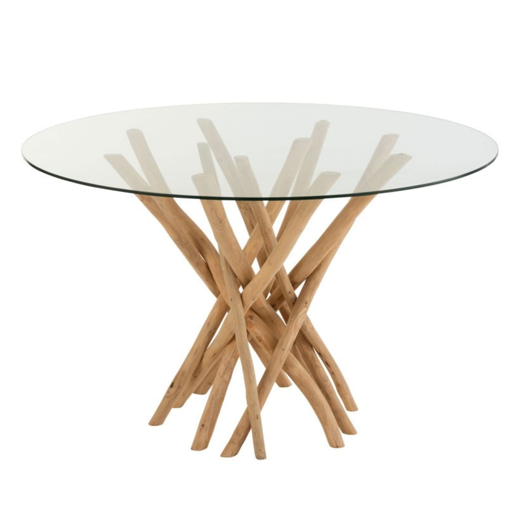 Table+à+manger+ronde+120cm+en+verre+pieds+bois+MANILLE+naturel