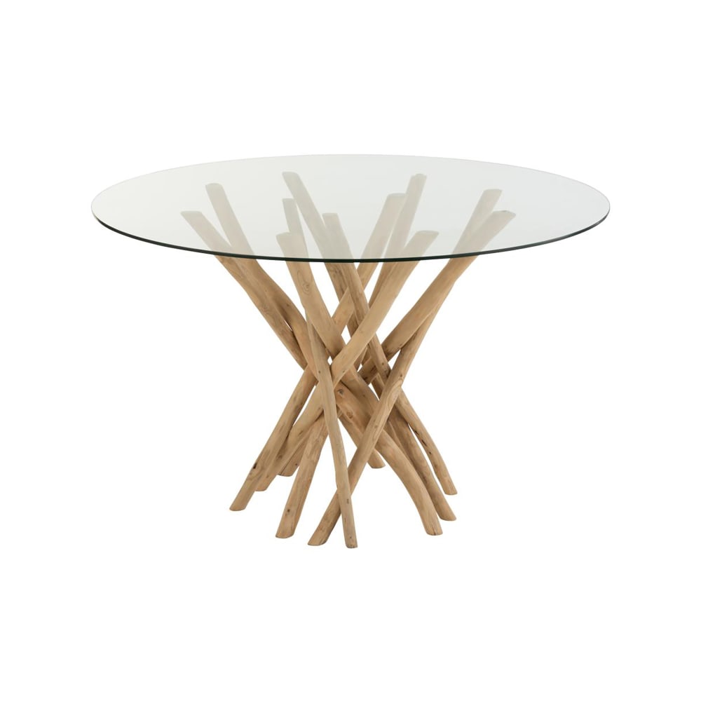 Table ronde 120x75 cm en verre et pied branches en teck