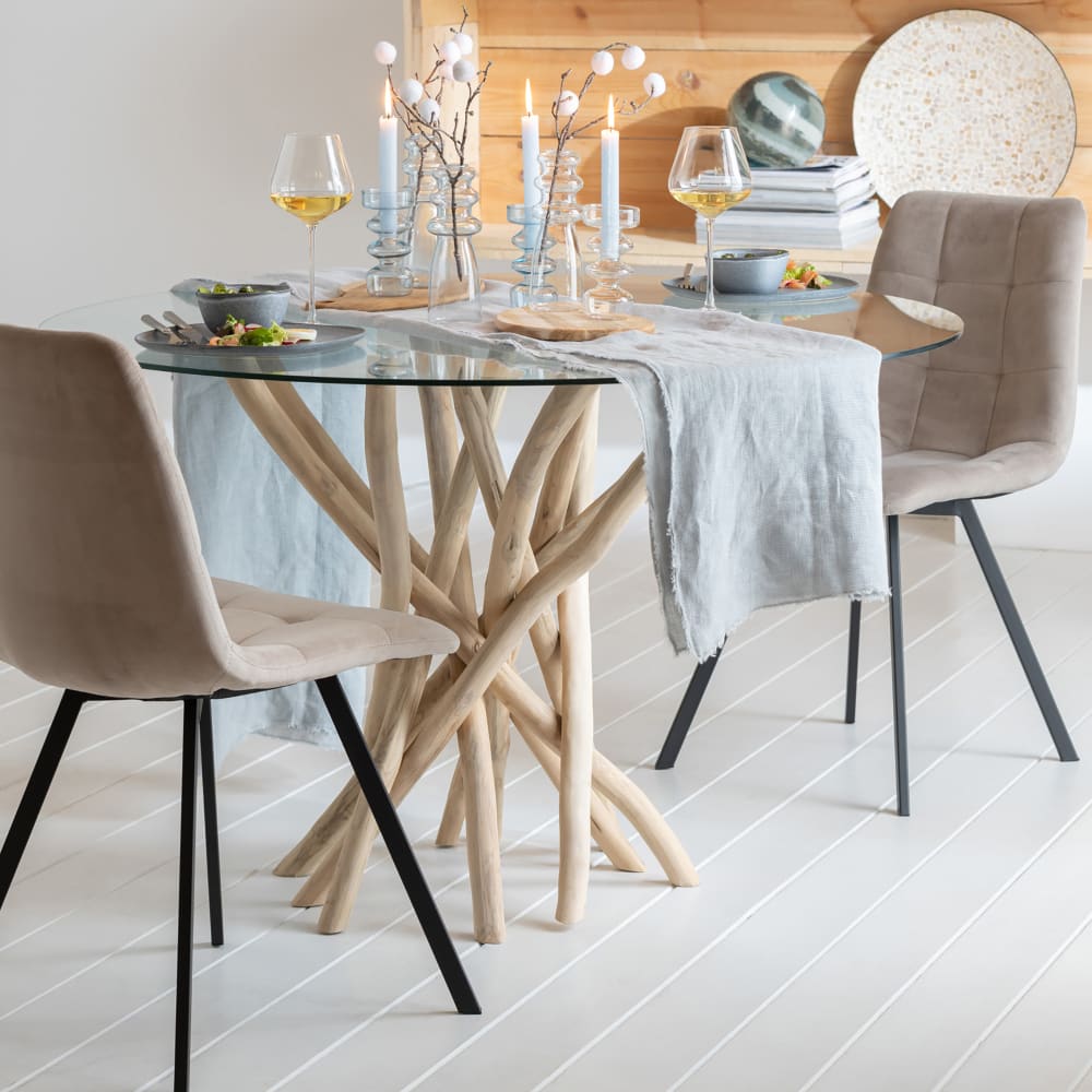 Table ronde 120x75 cm en verre et pied branches en teck