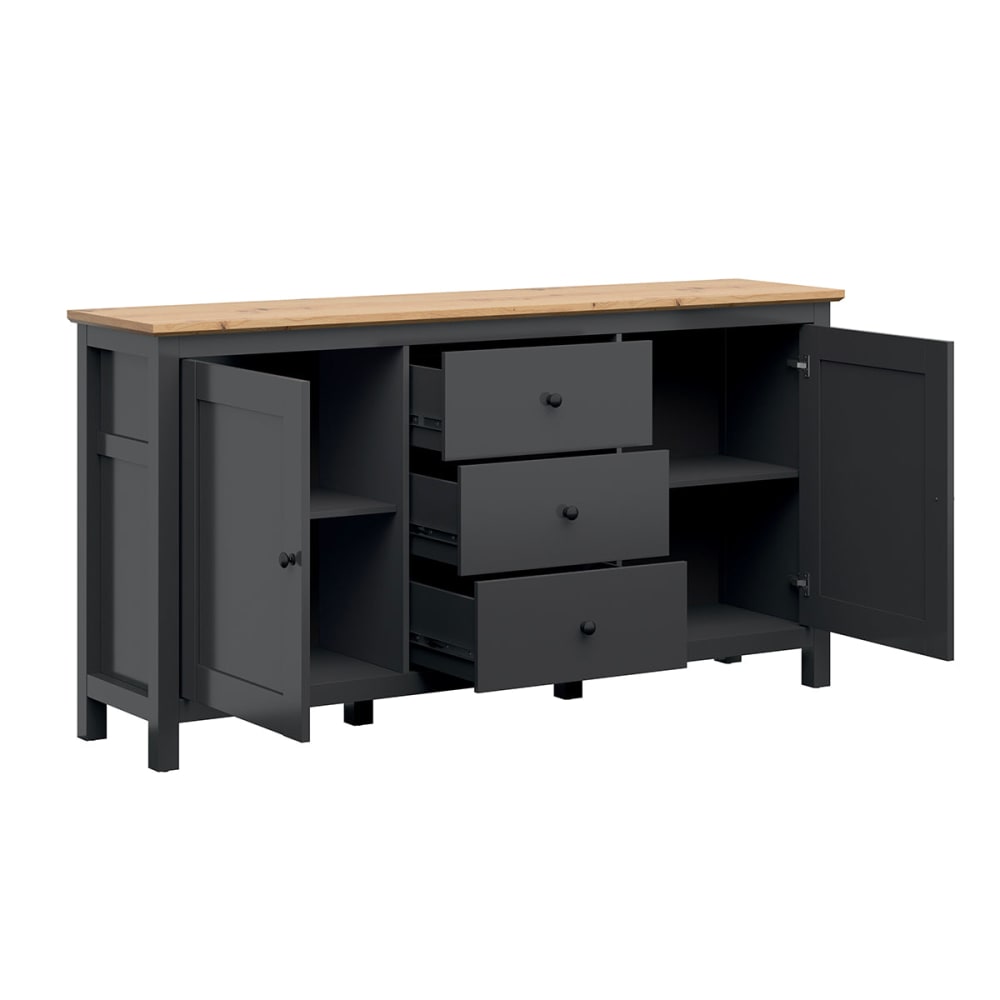 Anrichte mit 2 Türen und 3 Schubladen MDF Anthrazitgrau und Holz