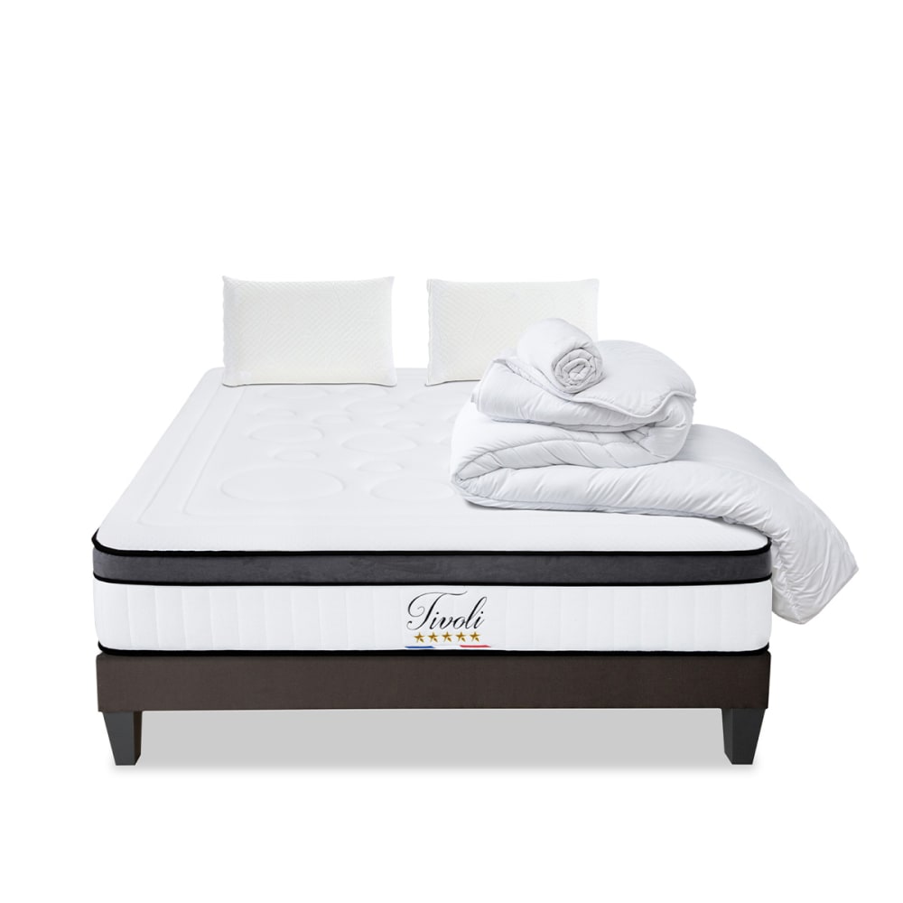 Bellecour Prêt à dormir matelas mousse h25 sommier bois 140x200 style classique chic Blanc Certifié Oeko-Tex Tissu