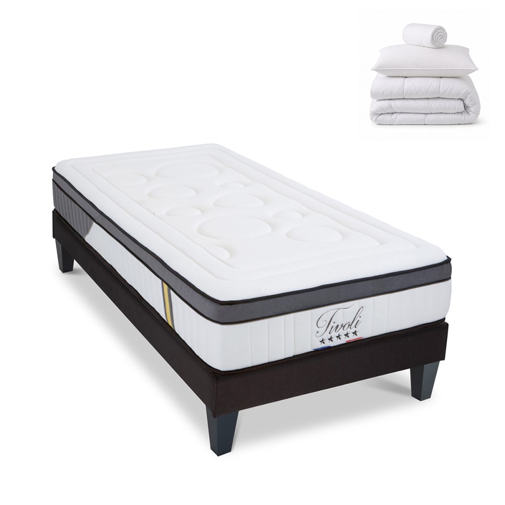 Bellecour Prêt à dormir matelas mousse h25 sommier bois 90x200 style classique chic Blanc Certifié Oeko-Tex Tissu