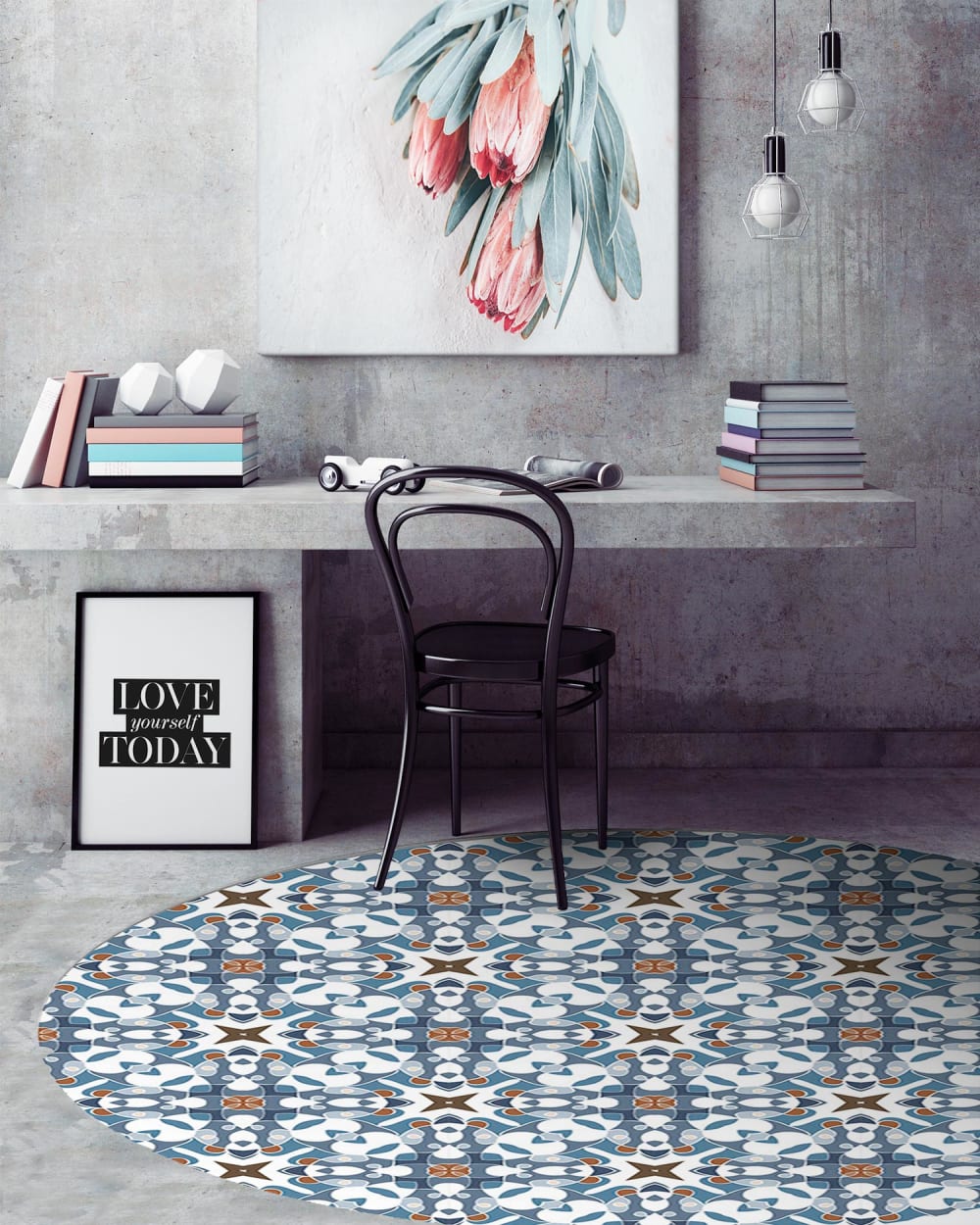 Alfombra vinilo redonda azulejo hidráulico tipo oriental azul 100x100 - Maisons du Monde