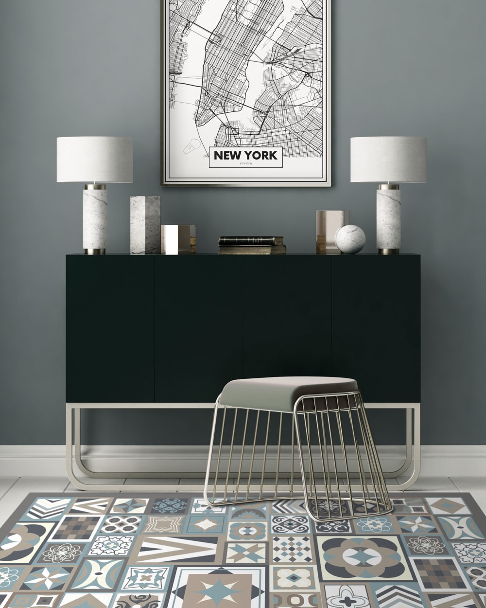 Tapis vinyle style carreaux ciments bleu 100x140cm — vue 4
