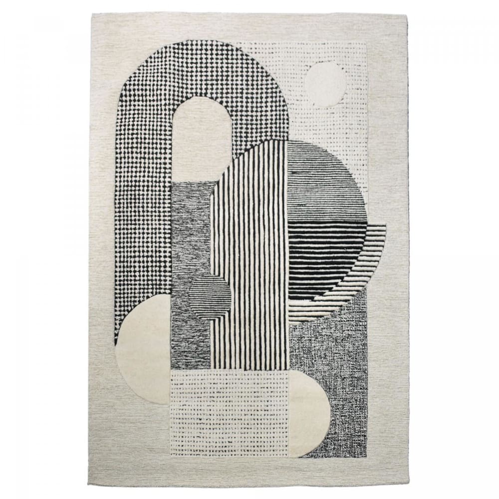 Tapis salon tufté main en laine motif graphique, crème et noir 120x170