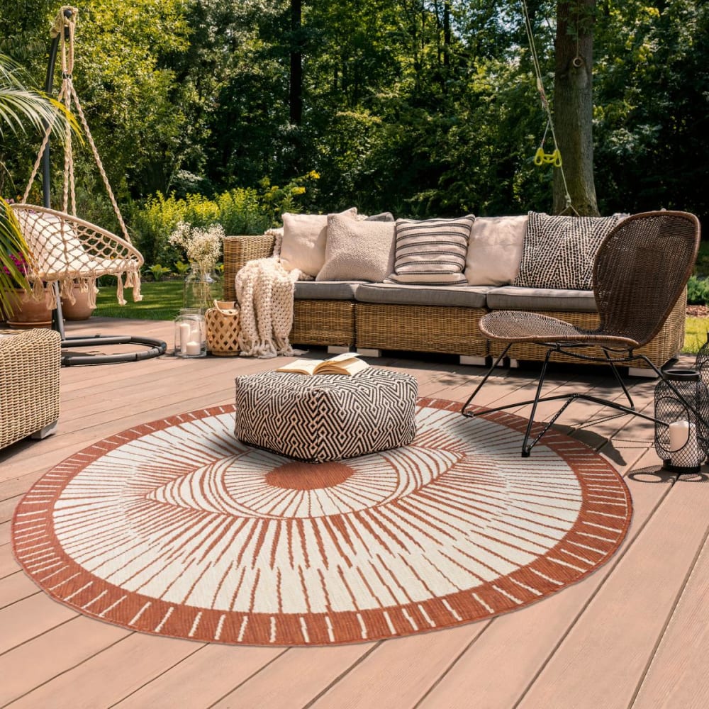 Tapis rond d'extérieur, kilim reversible orange et crème ø120cm - Maisons du Monde