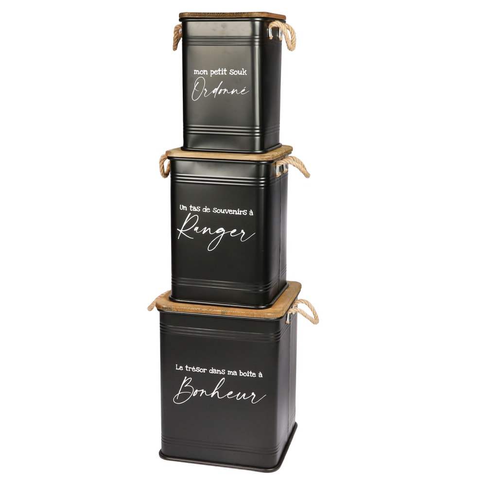 Ensemble de 3 caisses de rangement en métal avec couvercle noir - Maisons du Monde