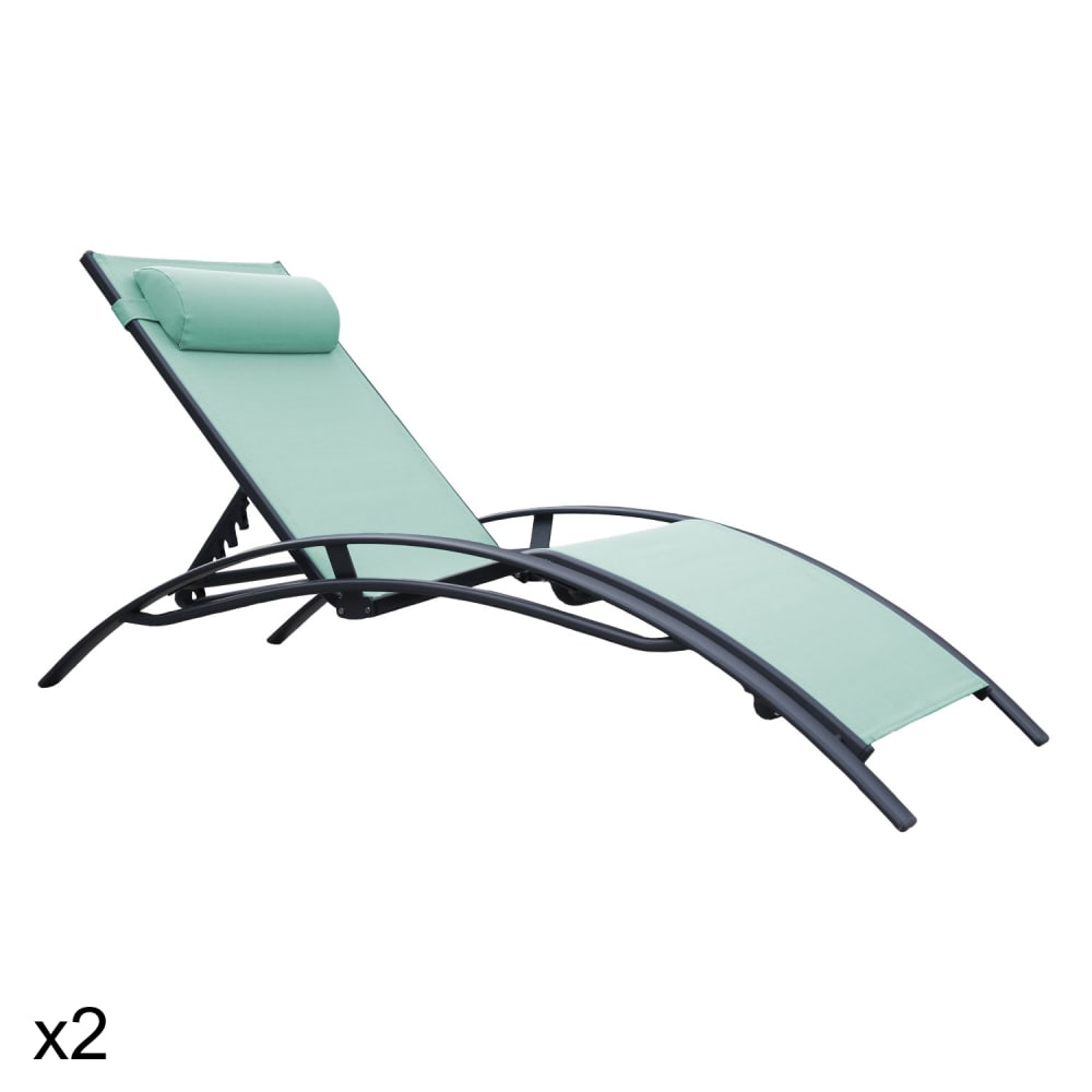 Lot de 2 transat en textilène vert d'eau et structure anthracite