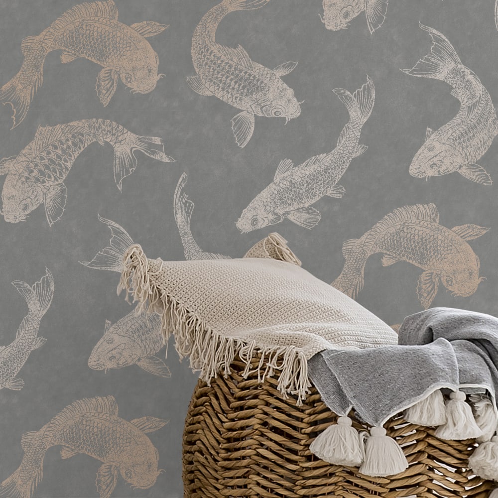 Papier peint carpes royales gris ardoise satiné cuivré 1005x52cm — vue 4