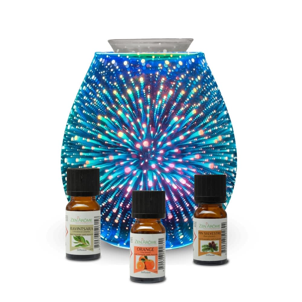 Diffuseur et Trio d'Huiles Essentielles en verre Bleu Effet 3D - H16