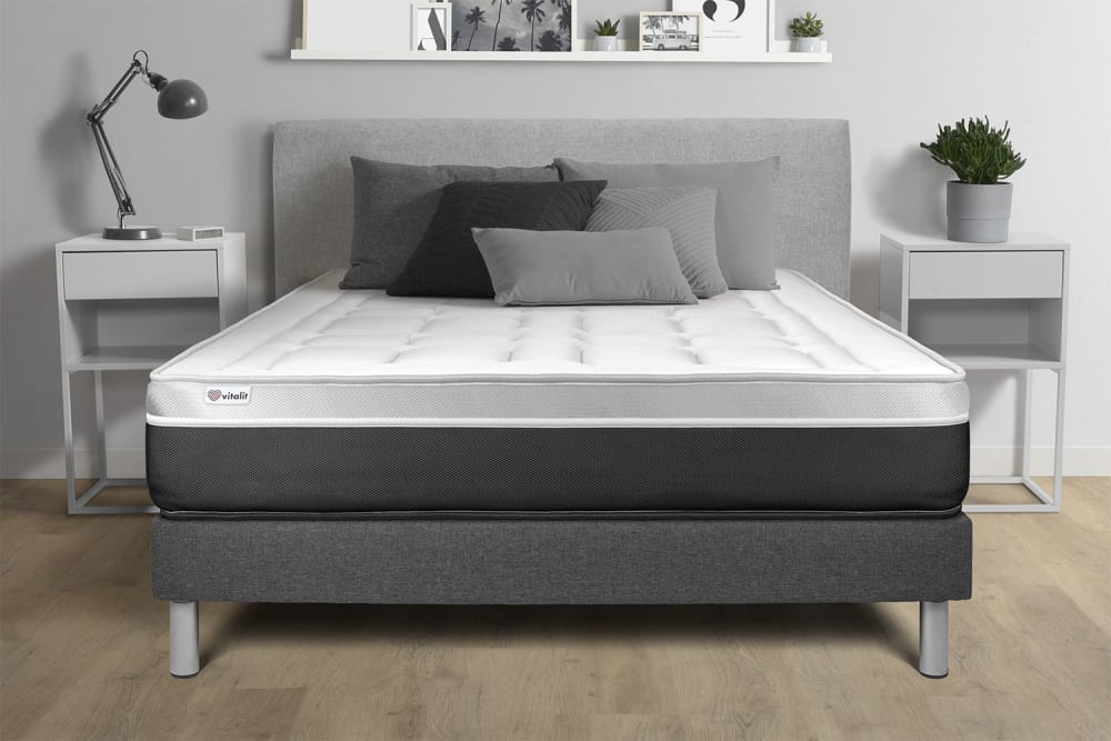 Somier gris + colchón con espuma viscoelástica 135 x 190 - Maisons du Monde