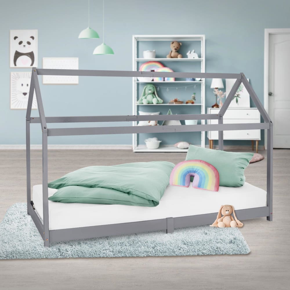 Lit cabane enfant 90x200 cm avec sommier à lattes bois de pin gris