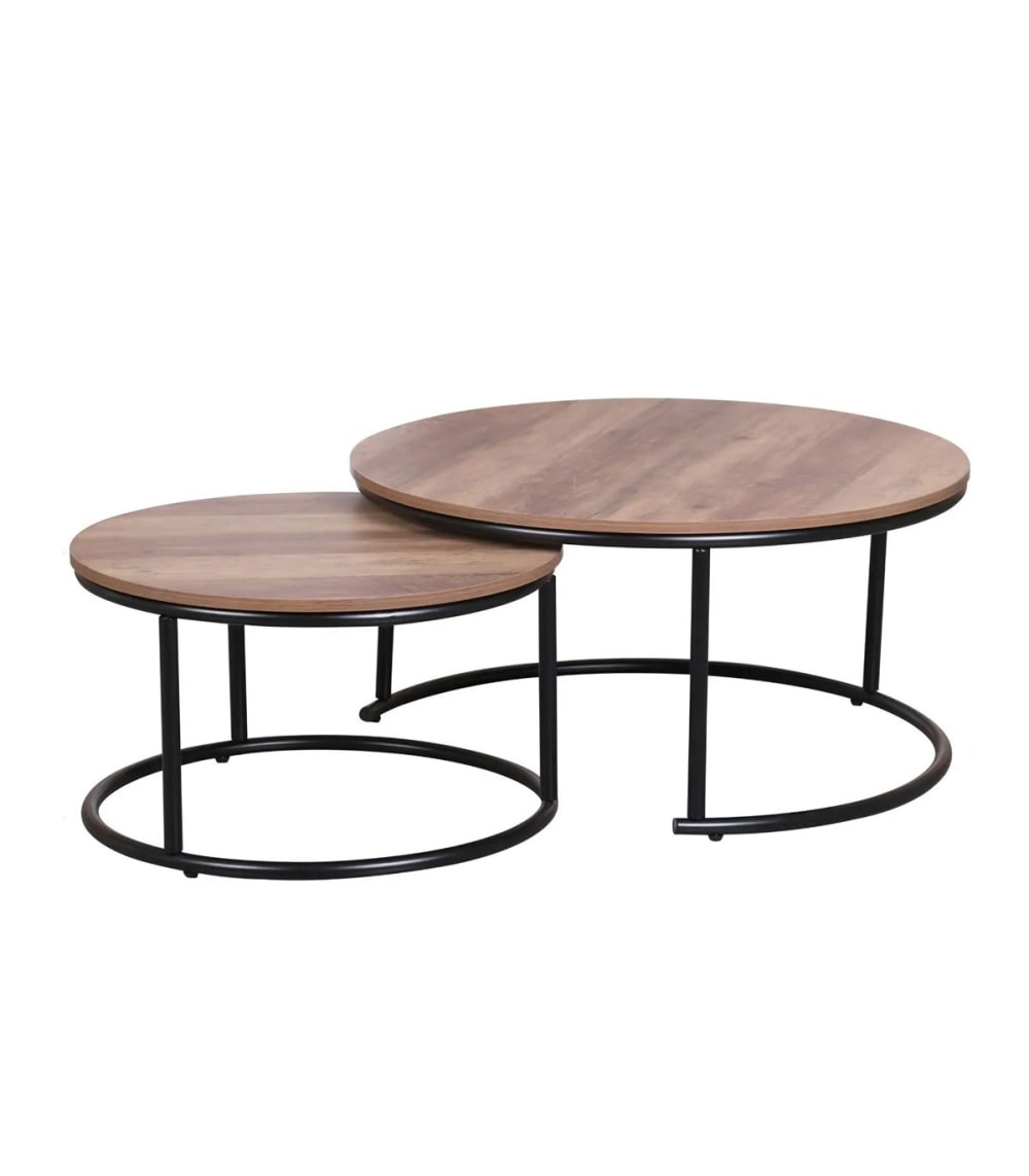 Fornord Set de 2 Tables Gigognes rondes décor chêne et métal noir style industriel Marron Métal - 77x40x77cm