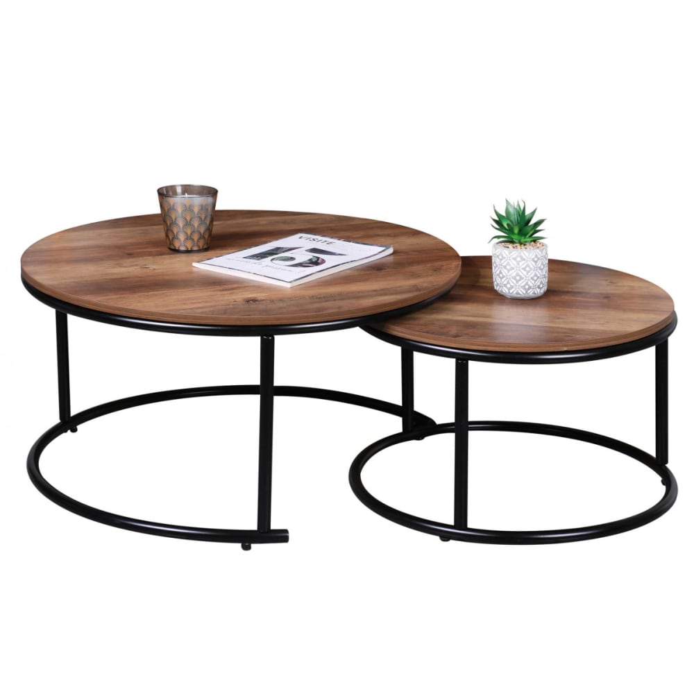 Set de 2 Tables Gigognes rondes décor chêne et métal noir - Maisons du Monde