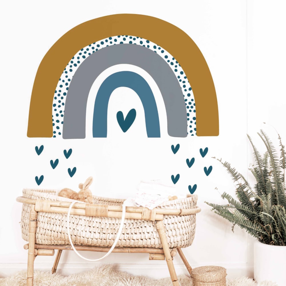 Sticker adesivo in vinile arcobaleno con cuoricini blu e senape -