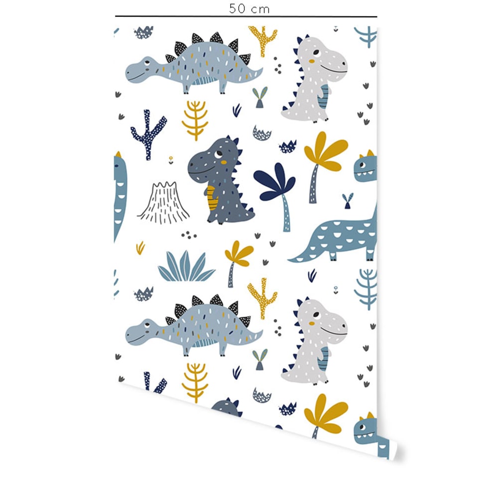 Papel pintado autoadhesivo dinosaurios azul y mostaza 50x300 cm - Maisons du Monde
