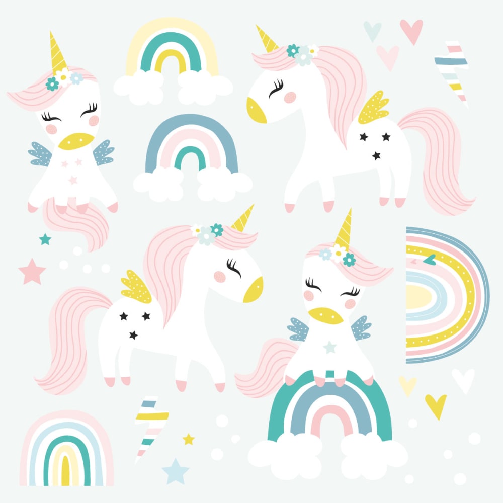Vinilos decorativos adhesivos infantiles unicornios menta
