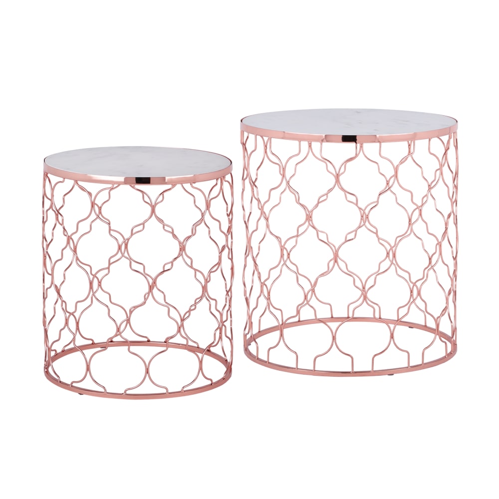 2x mesa auxiliar lateral ø40/45 cm redonda de mármol blanco y metal