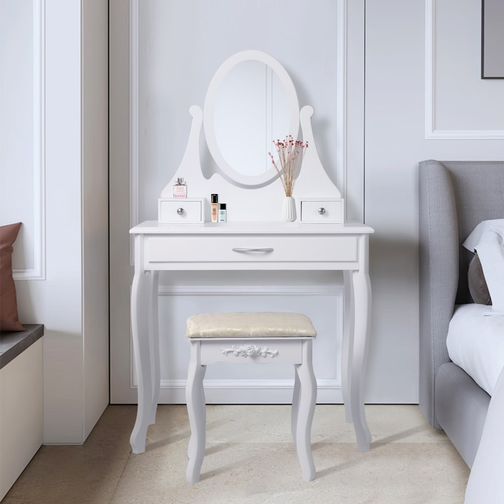 Toeletta da trucco con sgabello in effetto legno bianco 75x139x40