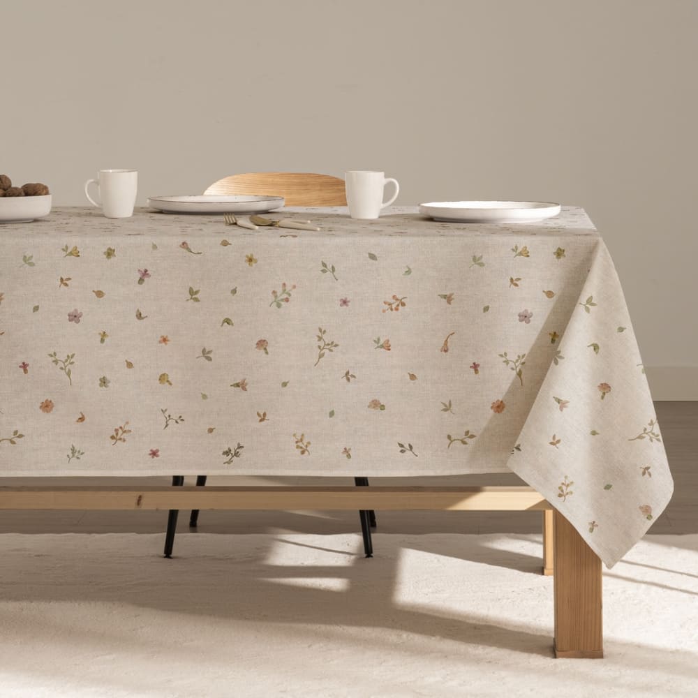 Nappe en lin imprimée taupe avec traitement anti-taches 140x140 cm