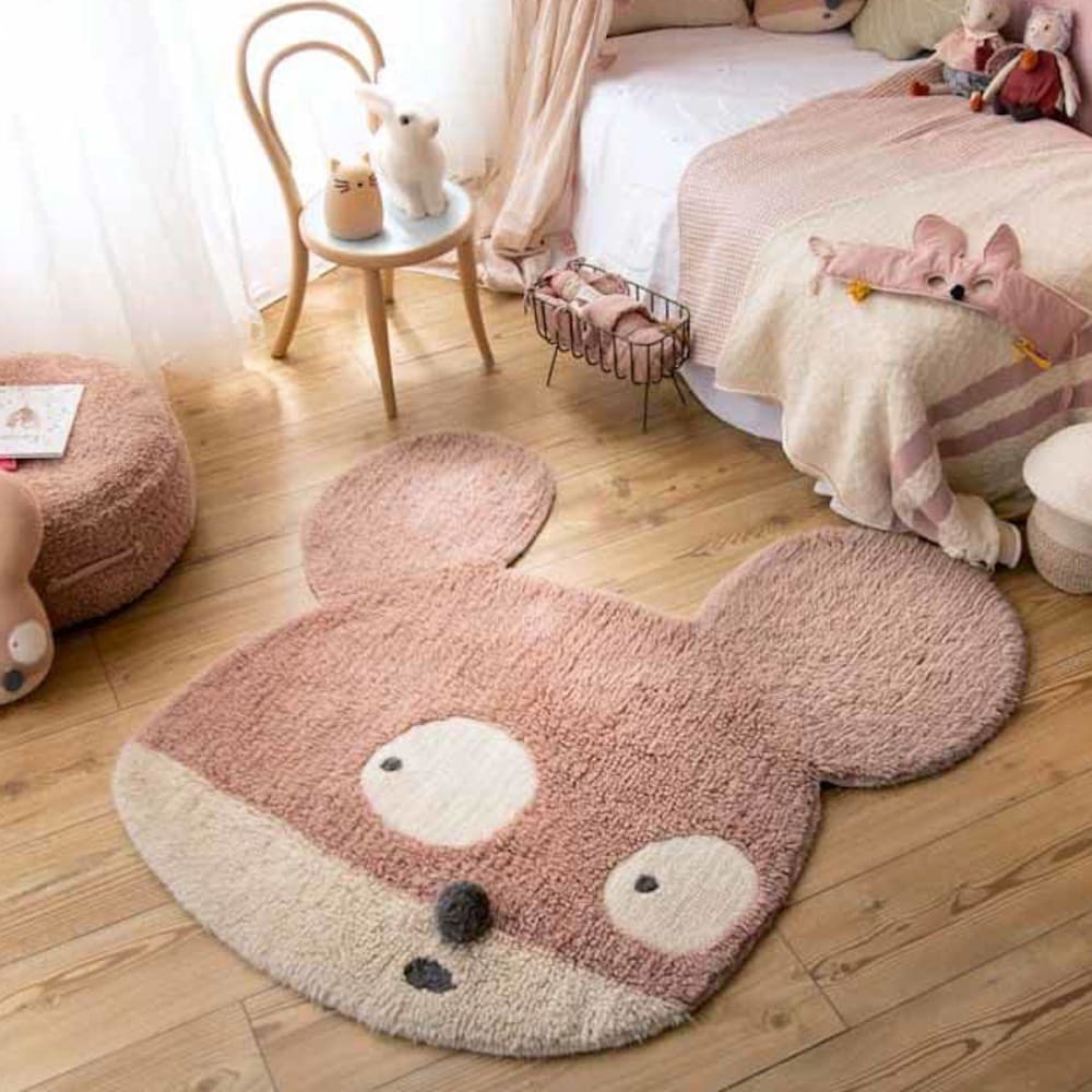 Tapis lavable souris en laine rose 100x120