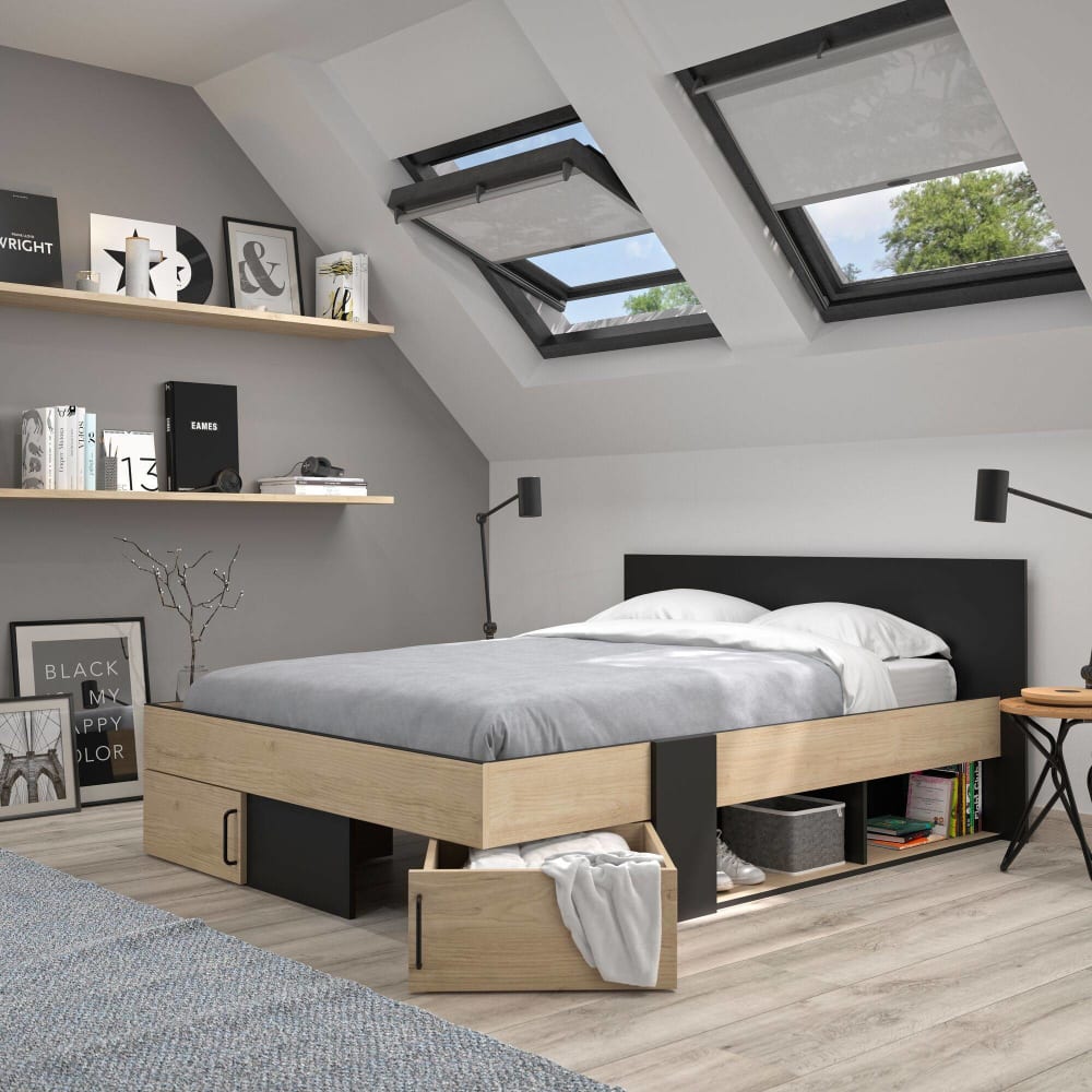 Letto con contenitore 160x200 cm - nero e legno chiaro - Diagone