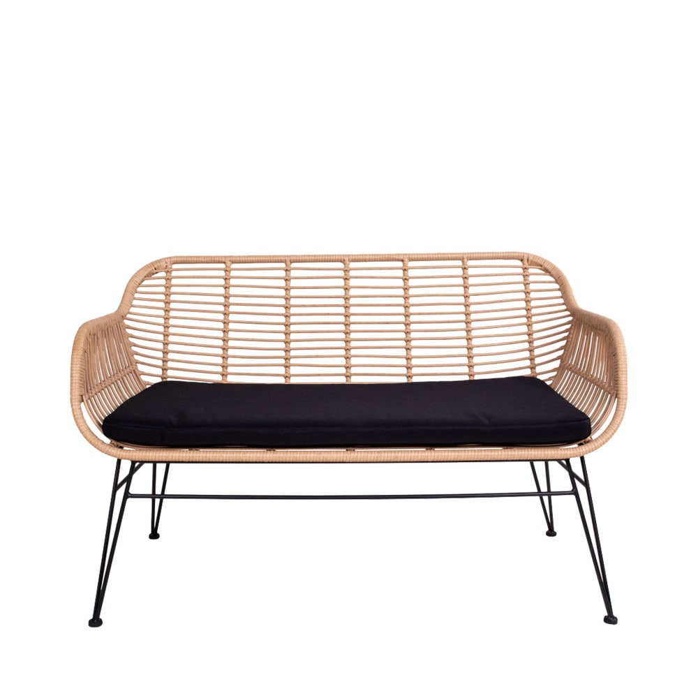 Banquette indoor/outdoor rotin et métal avec coussin - Bois clair