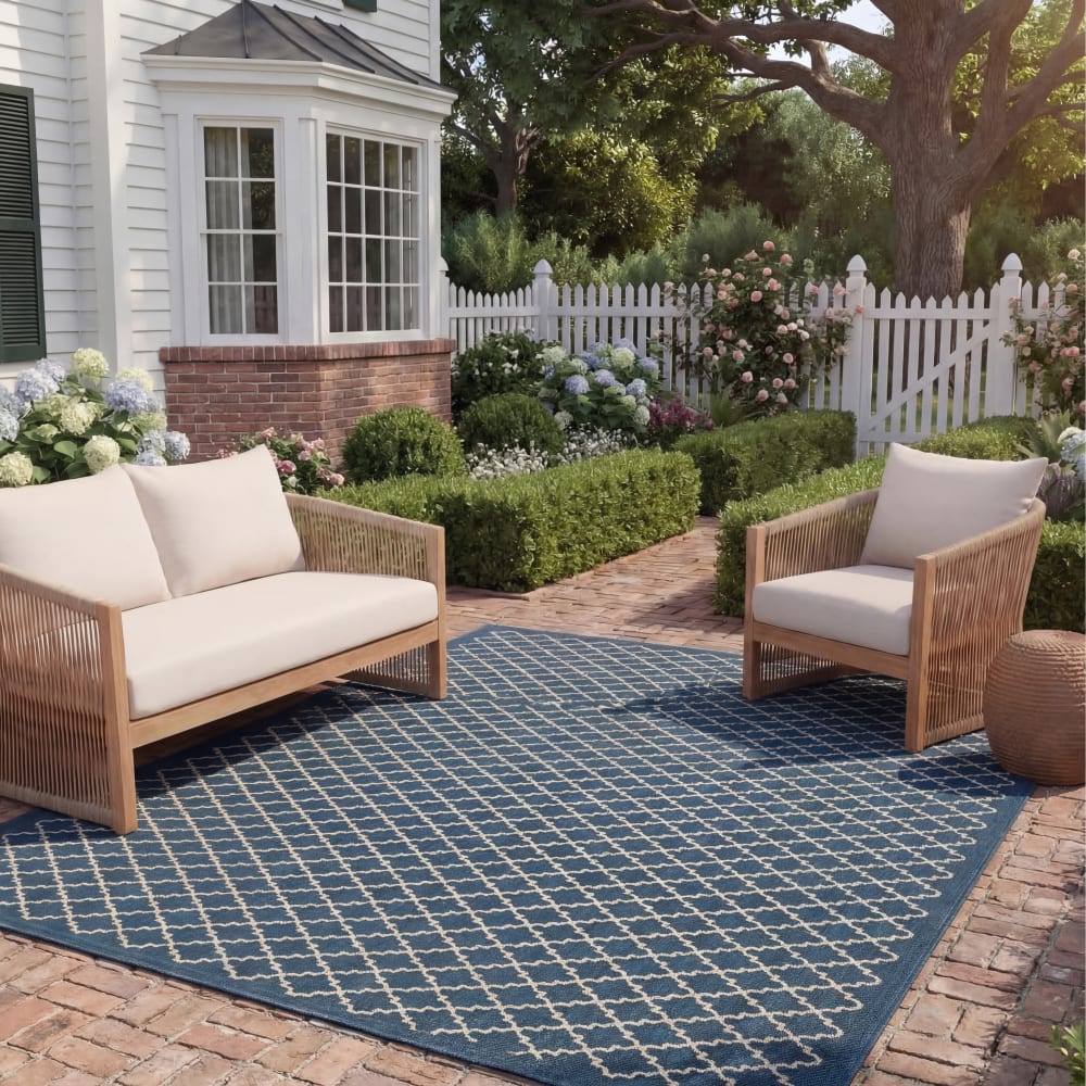 Tapis treillis en polypropylène bleu/beige, 160 x 160 cm - Maisons du Monde