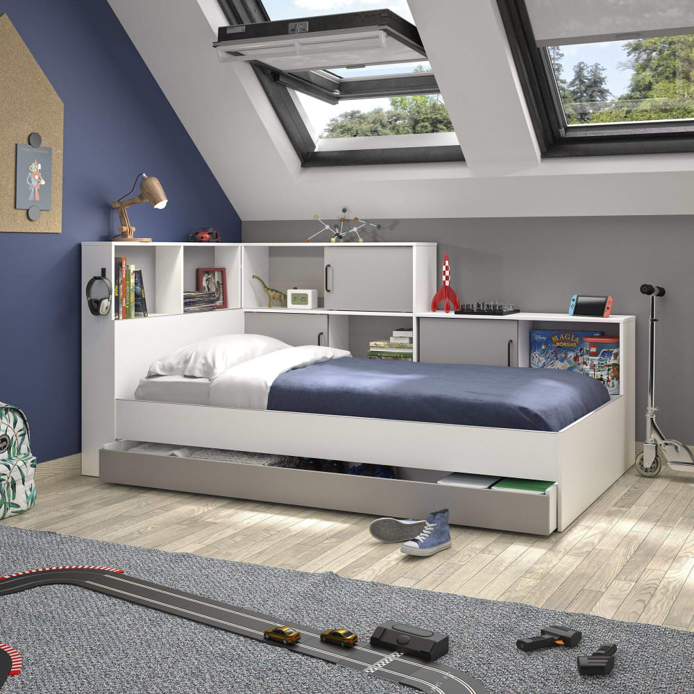 Bett mit Stauraum 90x200 cm - Weiß und grau - Maisons Du Monde
