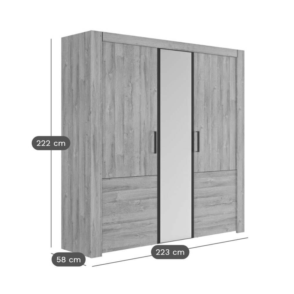 Armoire 3 porte avec 1 miroir effet bois